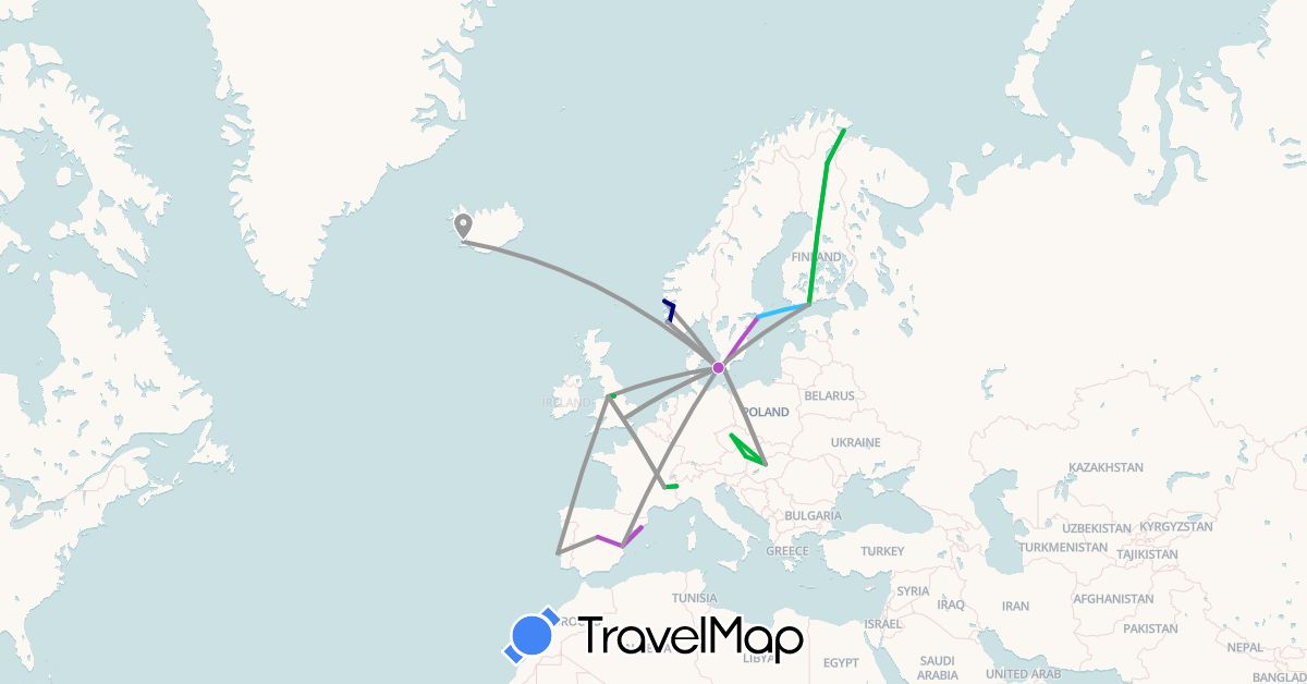 TravelMap itinerary: driving, bus, plane, train, boat in Austria, Czech Republic, Denmark, Spain, Finland, France, United Kingdom, Hungary, Iceland, Norway, Portugal, Sweden (Europe)